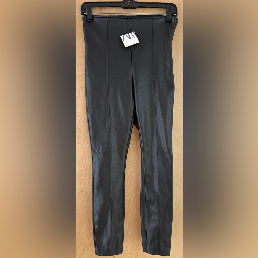 Zara Black Faux Leather High-Waist Leggings - Picture 3 of 12
